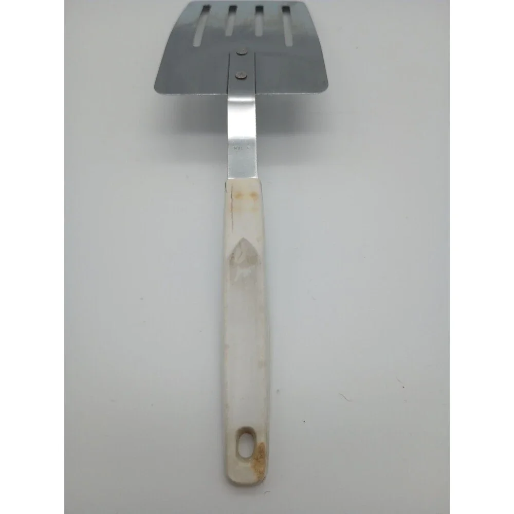 Vtg Stainless Steel Kitchen Utensils Short Spatula Slotted Spoon Blue Gold Crown